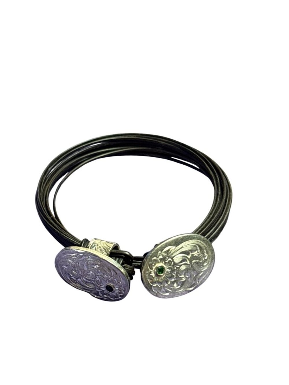 Silvertone Ovals Floral Etched Multi Strand Black Cord Bracelet Green Rhinestone